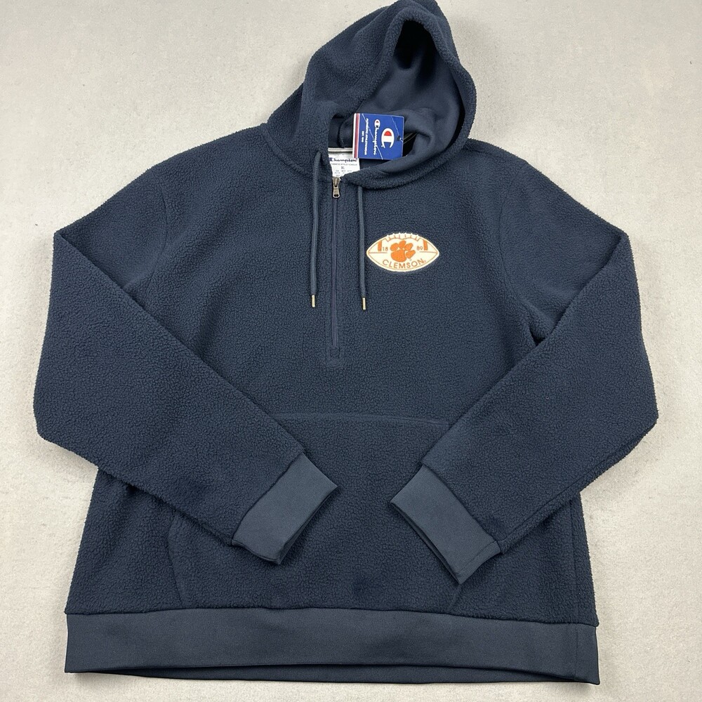 Clemson Tigers Jacket Men XL Blue Champion 1/4 Zip Fleece Football Paw Hood